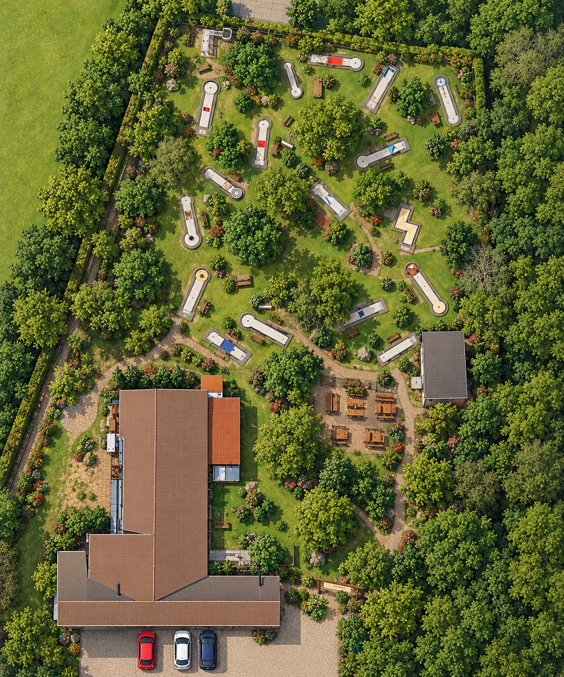 Luftbild des Minigolfplatzes mit 18 Bahnen, Kiosk, Biergarten, Kegelbahngebäude, Toiletten und Eingang